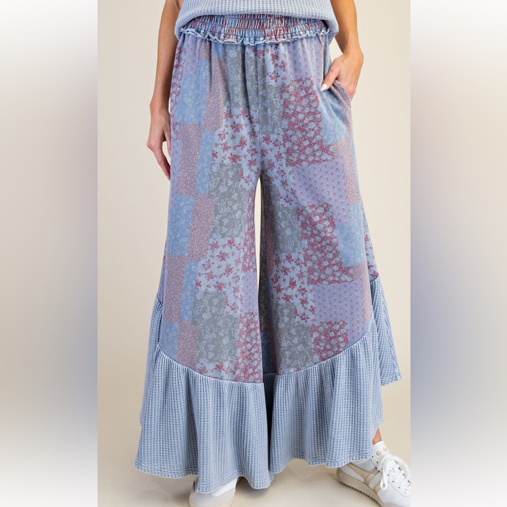 Easel Patchwork Floral Wide-Leg Pants in Blue and Lavender